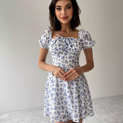 Women Floral Puff Short Sleeve Mini Dress Boho Square Neck Ruched A-line Short Sundress