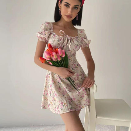 Women Floral Puff Short Sleeve Mini Dress Boho Square Neck Ruched A-line Short Sundress