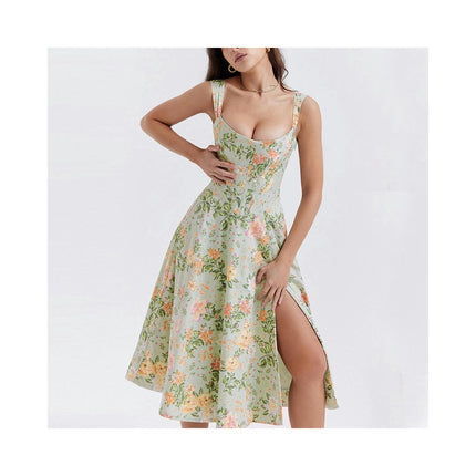 Women Spaghetti Strap Midi Dress Corset Sleeveless Square Neck Floral Split Dress