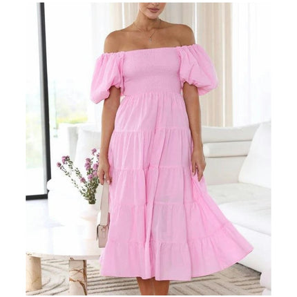 Women's Off The Shoulder Puff Short Sleeve Ruffle Flowy Summer Beach Maxi Dress