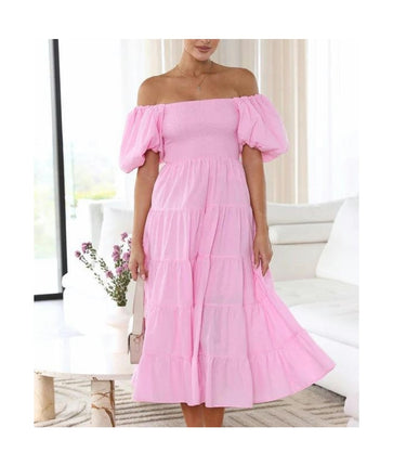 Women's Off The Shoulder Puff Short Sleeve Ruffle Flowy Summer Beach Maxi Dress