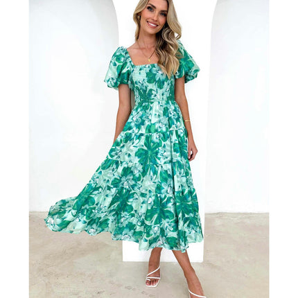 Women's Off The Shoulder Puff Short Sleeve Ruffle Flowy Summer Beach Maxi Dress 1