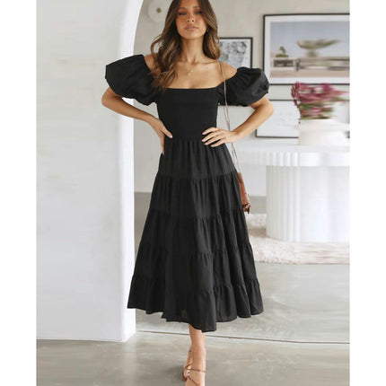 Women's Off The Shoulder Puff Short Sleeve Ruffle Flowy Summer Beach Maxi Dress