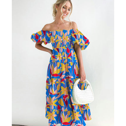 Women's Off The Shoulder Puff Short Sleeve Ruffle Flowy Summer Beach Maxi Dress