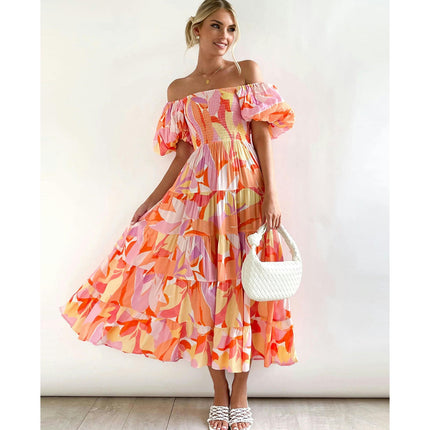 Women's Off The Shoulder Puff Short Sleeve Ruffle Flowy Summer Beach Maxi Dress 1