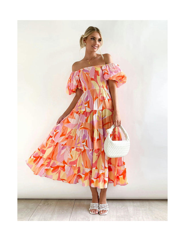 Women's Off The Shoulder Puff Short Sleeve Ruffle Flowy Summer Beach Maxi Dress 1