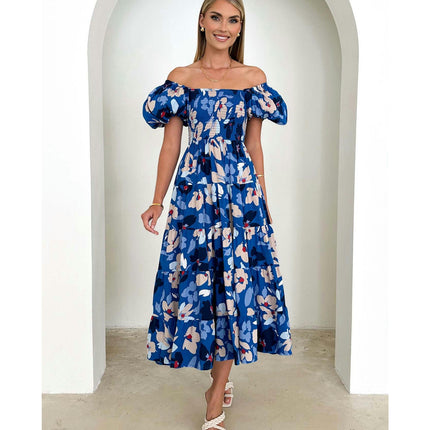 Women's Off The Shoulder Puff Short Sleeve Ruffle Flowy Summer Beach Maxi Dress