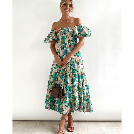 Women's Off The Shoulder Puff Short Sleeve Ruffle Flowy Summer Beach Maxi Dress