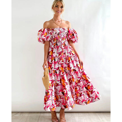 Women's Off The Shoulder Puff Short Sleeve Ruffle Flowy Summer Beach Maxi Dress