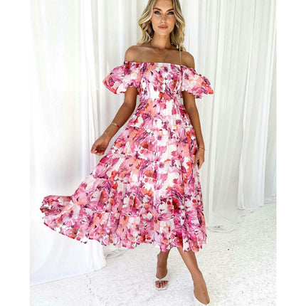 Women's Off The Shoulder Puff Short Sleeve Ruffle Flowy Summer Beach Maxi Dress