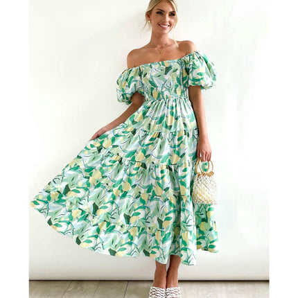 Women's Off The Shoulder Puff Short Sleeve Ruffle Flowy Summer Beach Maxi Dress