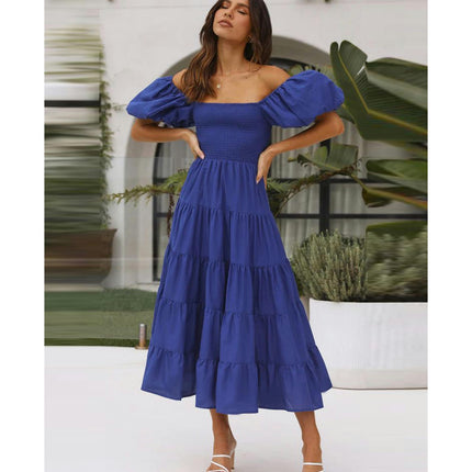 Women's Off The Shoulder Puff Short Sleeve Ruffle Flowy Summer Beach Maxi Dress