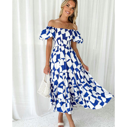 Women's Off The Shoulder Puff Short Sleeve Ruffle Flowy Summer Beach Maxi Dress