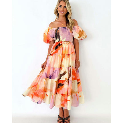 Women's Off The Shoulder Puff Short Sleeve Ruffle Flowy Summer Beach Maxi Dress