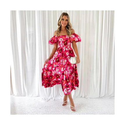 Women's Off The Shoulder Puff Short Sleeve Ruffle Flowy Summer Beach Maxi Dress