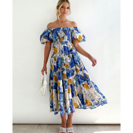 Women's Off The Shoulder Puff Short Sleeve Ruffle Flowy Summer Beach Maxi Dress