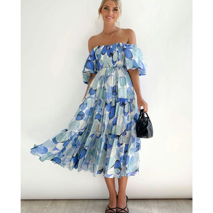 Women's Off The Shoulder Puff Short Sleeve Ruffle Flowy Summer Beach Maxi Dress