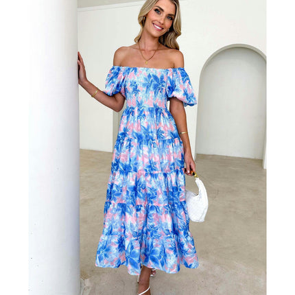 Women's Off The Shoulder Puff Short Sleeve Ruffle Flowy Summer Beach Maxi Dress