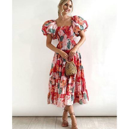 Women's Off The Shoulder Puff Short Sleeve Ruffle Flowy Summer Beach Maxi Dress