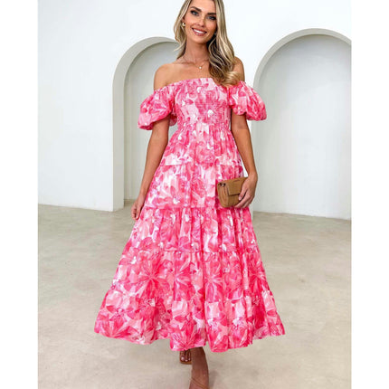 Women's Off The Shoulder Puff Short Sleeve Ruffle Flowy Summer Beach Maxi Dress 1