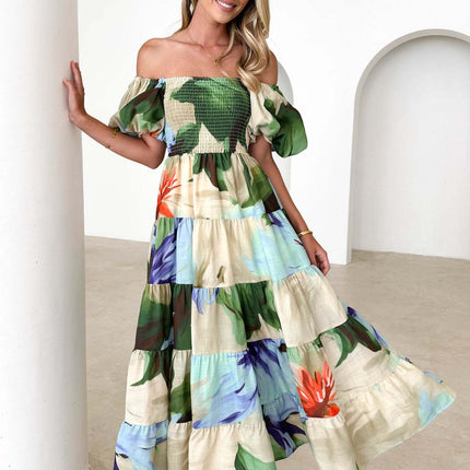 Women's Off The Shoulder Puff Short Sleeve Ruffle Flowy Summer Beach Maxi Dress