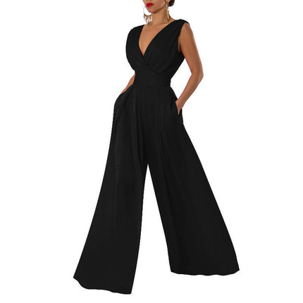 Women Sexy Deep V Neck Wide Leg Jumpsuit Sleeveless High Waist Long Romper Pants with Pockets