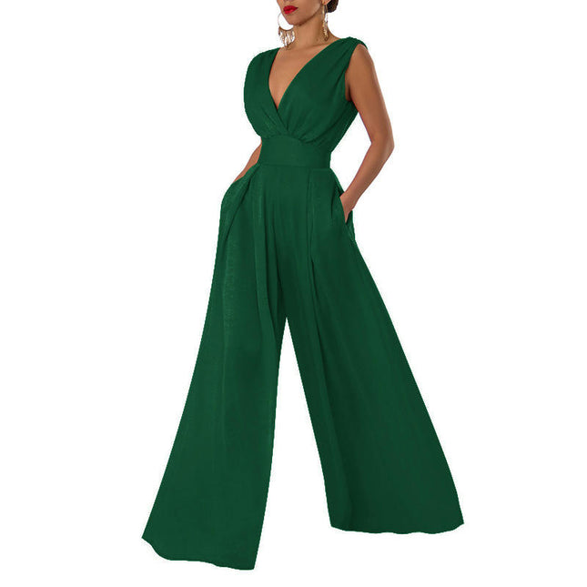 Women Sexy Deep V Neck Wide Leg Jumpsuit Sleeveless High Waist Long Romper Pants with Pockets