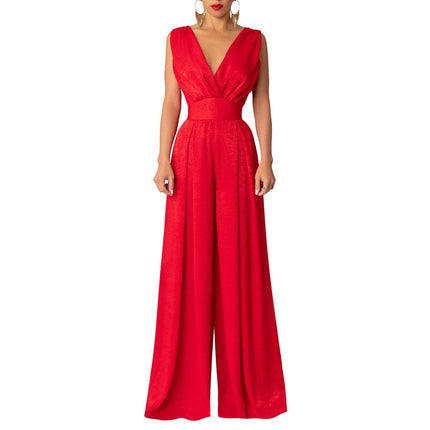 Women Sexy Deep V Neck Wide Leg Jumpsuit Sleeveless High Waist Long Romper Pants with Pockets