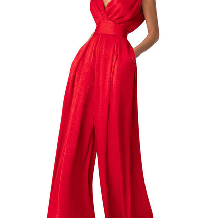 Women Sexy Deep V Neck Wide Leg Jumpsuit Sleeveless High Waist Long Romper Pants with Pockets