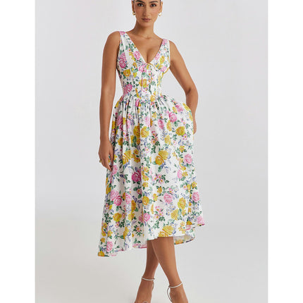 Beach Dresses for Women V Neck Wrap Sleeveless Floral Boho Flowy Midi Dress