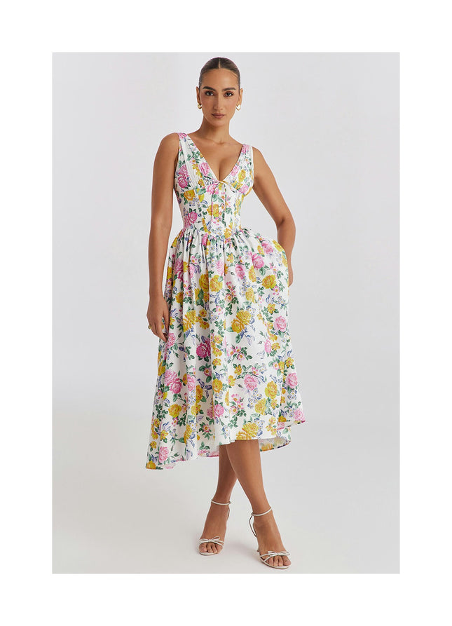 Beach Dresses for Women V Neck Wrap Sleeveless Floral Boho Flowy Midi Dress