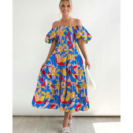 Women's Off Shoulder Puff Short Sleeve Ruffle A-Line Summer Maxi Dress