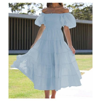 Women's Off Shoulder Puff Short Sleeve Ruffle A-Line Summer Maxi Dress