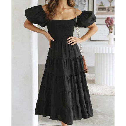 Women's Off Shoulder Puff Short Sleeve Ruffle A-Line Summer Maxi Dress