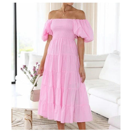 Women's Off Shoulder Puff Short Sleeve Ruffle A-Line Summer Maxi Dress