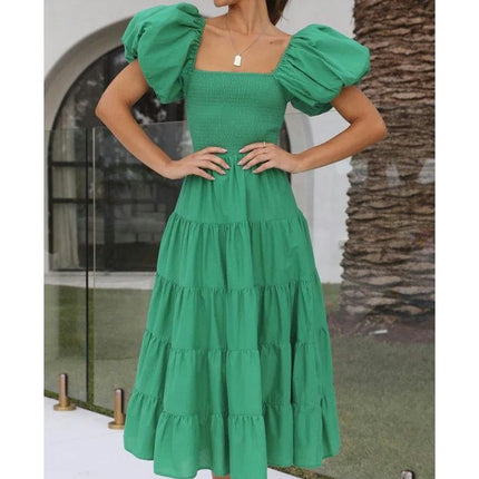 Women's Off Shoulder Puff Short Sleeve Ruffle A-Line Summer Maxi Dress