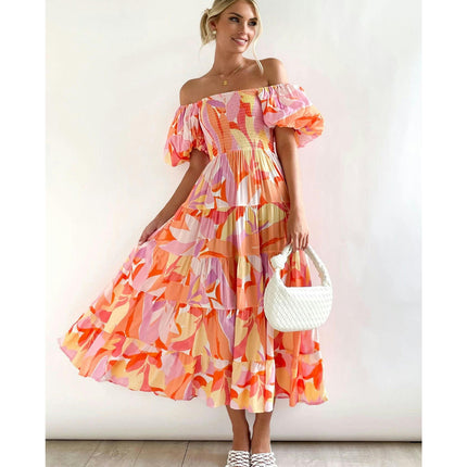 Women's Off Shoulder Puff Short Sleeve Ruffle A-Line Summer Maxi Dress