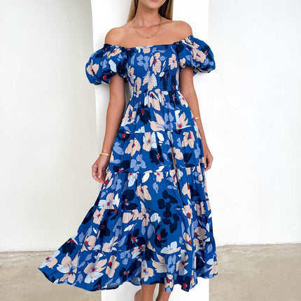 Women's Off Shoulder Puff Short Sleeve Ruffle A-Line Summer Maxi Dress