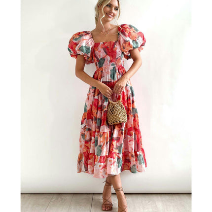 Women's Off Shoulder Puff Short Sleeve Ruffle A-Line Summer Maxi Dress