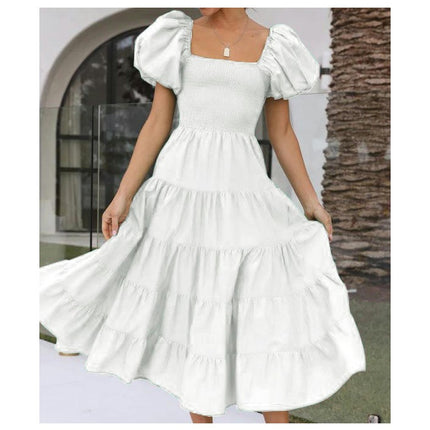 Women's Off Shoulder Puff Short Sleeve Ruffle A-Line Summer Maxi Dress