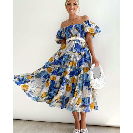 Women's Off Shoulder Puff Short Sleeve Ruffle A-Line Summer Maxi Dress