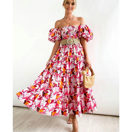 Women's Off Shoulder Puff Short Sleeve Ruffle A-Line Summer Maxi Dress