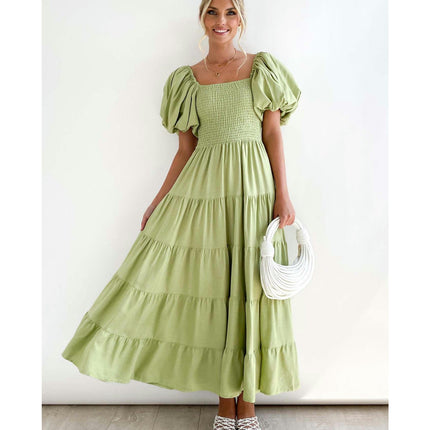 Women's Off Shoulder Puff Short Sleeve Ruffle A-Line Summer Maxi Dress