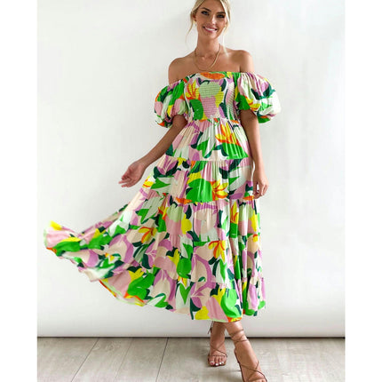 Women's Off Shoulder Puff Short Sleeve Ruffle A-Line Summer Maxi Dress