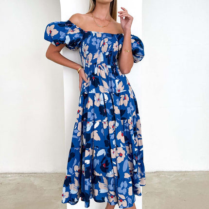 Women's Off Shoulder Puff Short Sleeve Ruffle A-Line Summer Maxi Dress