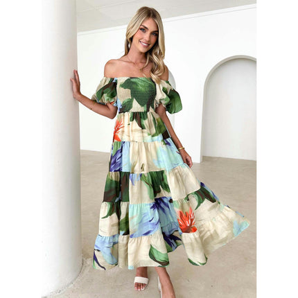 Women's Off Shoulder Puff Short Sleeve Ruffle A-Line Summer Maxi Dress