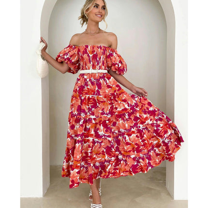 Women's Off Shoulder Puff Short Sleeve Ruffle A-Line Summer Maxi Dress