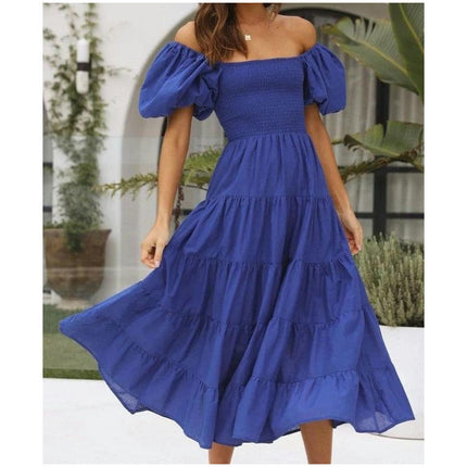 Women's Off Shoulder Puff Short Sleeve Ruffle A-Line Summer Maxi Dress