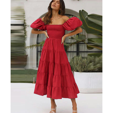 Women's Off Shoulder Puff Short Sleeve Ruffle A-Line Summer Maxi Dress