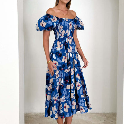 Women's Off Shoulder Puff Short Sleeve Ruffle A-Line Summer Maxi Dress